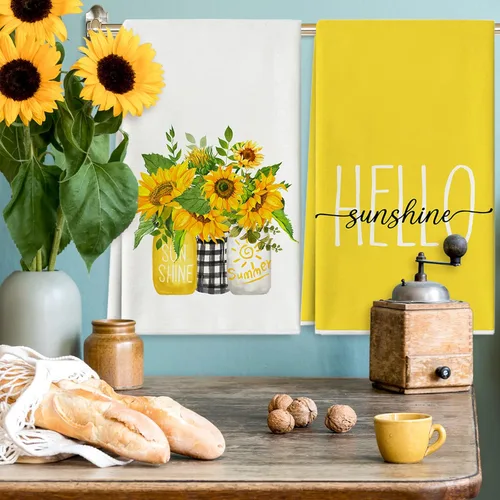 Miniatura 6 de AnyDesign Toalla de cocina de girasol de 18 x 28 pulgadas, paños de cocina Hello Sunshine, toalla de cocina decorativa de verano con flores