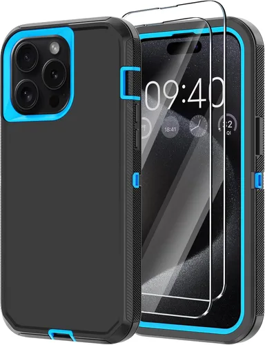 Miniatura 10 de Funda para iPhone 15 Pro Max con 2 protectores de pantalla, protección contra caídas a prueba de golpes, cuerpo completo, resistente, 3 capas, Negro