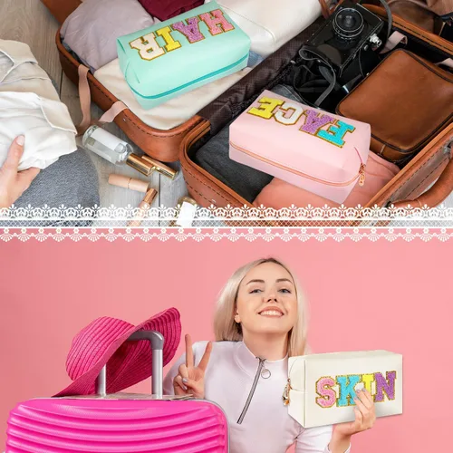 Miniatura 6 de Bolsa de maquillaje de chenilla, 3 piezas, de piel sintética, impermeable, con parches de cremallera de nailon, organizador de maquillaje, para mujer