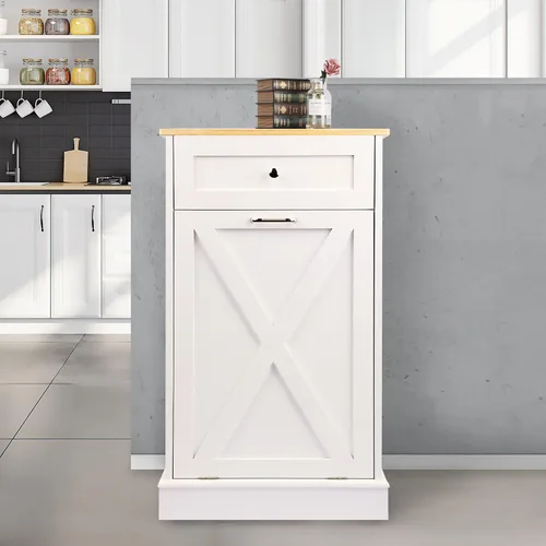 Miniatura 9 de TOLEAD Gabinete de basura oculto de madera de 10 galones con parte superior y cajón de madera maciza, contenedor de basura de cocina de granja