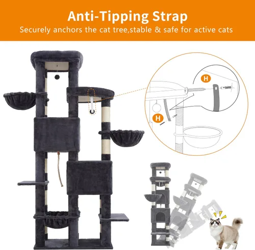 Miniatura 7 de Heybly Árbol para gatos, torre de gato amplia y alta de 74.8 pulgadas para gatos grandes, muebles para gatos con percha superior grande, base