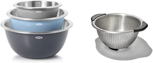 OXO Good Grips - Juego de cuencos de acero inoxidable de 3 piezas, color azul/gris, 4.7 L y colador Good Grips de acero inoxidable de 5 cuartos de