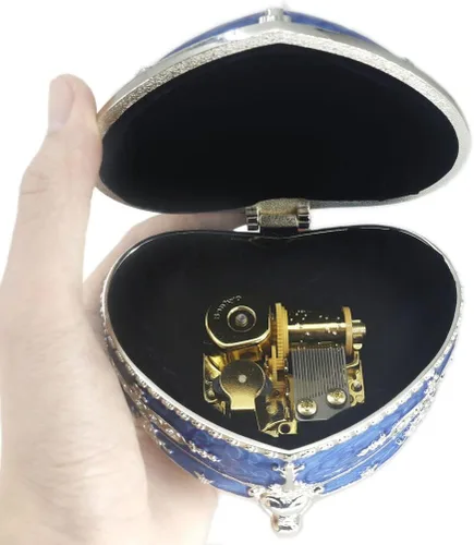 Miniatura 2 de ROSIKING Caja de música de aleación de metal en relieve en forma de corazón azul, caja musical antigua para joyería con cuerda, regalos