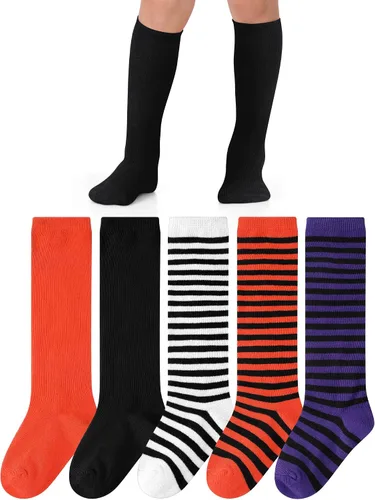 Miniatura 6 de Foaincore 5 pares de calcetines de Halloween para bebé, calcetines largos a rayas de bruja para recién nacidos, calcetines de algodón sin costuras