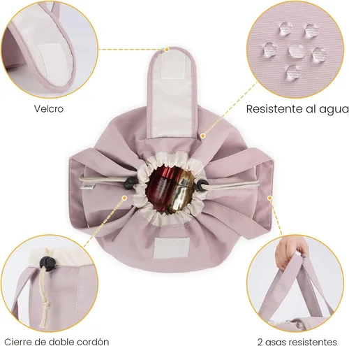 Miniatura 4 de Bolsa de maquillaje con cordón en forma de barril, bolsa grande de cosméticos, organizador de artículos de tocador para mujeres, Rosa polvoriento