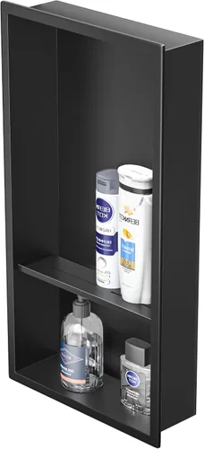 Miniatura 25 de Nicho de ducha de acero inoxidable de 24 x 12 pulgadas, cepillado, no necesita azulejos, nicho de pared con estantes dobles, estante de ducha