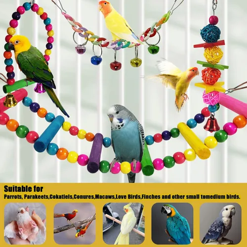 Miniatura 4 de Juguetes de periquitos, 7 piezas de juguetes coloridos para pájaros para periquitos, jaula de pájaros para mascotas, hamaca, escaleras, juguete
