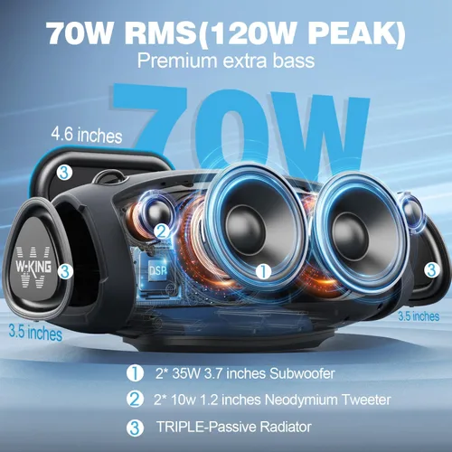 Miniatura 2 de W-KING Altavoces Bluetooth portátiles con micrófono inalámbrico, (pico de 120 W) 70 W altavoz para exteriores Bluetooth inalámbrico impermeable
