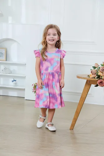 Miniatura 2 de Vestido de unicornio casual con mangas con vuelo para niñas pequeñas, vestido de verano para fiesta de cumpleaños, vestidos de verano de 1 a 8 años