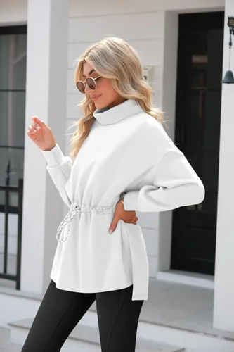 Miniatura 4 de Doshoop Sudaderas de cuello alto para mujer, de manga larga, con abertura lateral, con cordón en la cintura