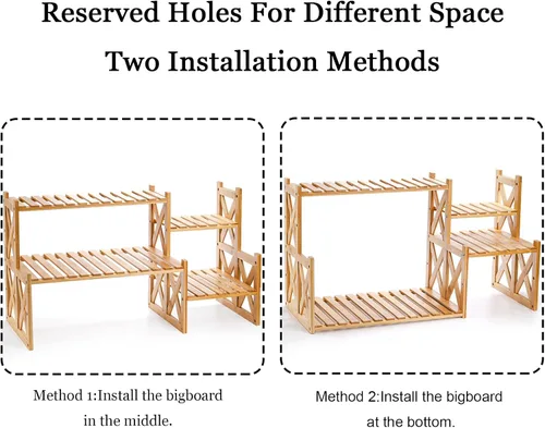 Miniatura 4 de Lawei Soporte de bambú de 2 niveles para plantas de mesa, soporte ajustable para macetas, soporte de exhibición para macetas, estante pequeño
