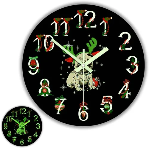 The Geeky Days Reloj que brilla en la oscuridad, adorno de Navidad Pug funciona con pilas, reloj de pared luminoso de cuarzo silencioso con diseño