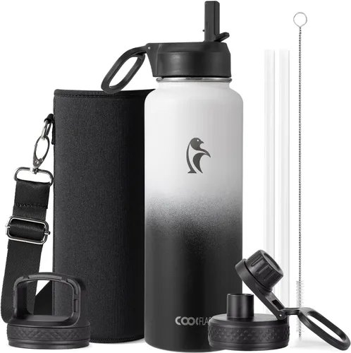 Miniatura 48 de Coolflask Botella de agua de 20 onzas aislada con pajilla, 3 tapas de metal de acero inoxidable, botella de agua de boca ancha para deportes u