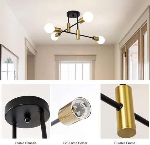 Miniatura 5 de Garwarm Paquete de 2 lámparas de techo Sputnik de montaje industrial semiempotrado de 4 luces, lámpara Sputnik moderna negra y dorada para porche