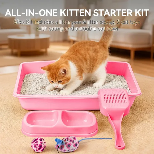 Miniatura 3 de PAWISE Kit de caja de arena para gatos recién nacidos, kit de 5 piezas con bandeja de arena de entrada baja, cuchara, cuencos de alimentación y Rosa