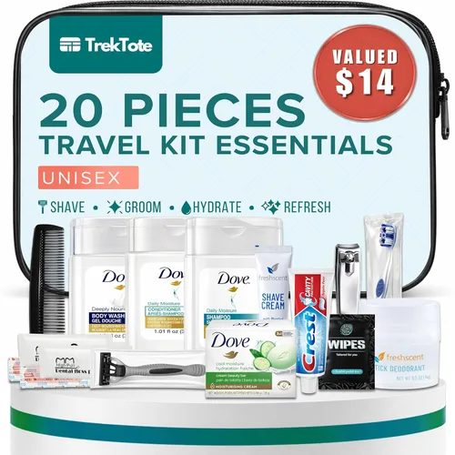Kit de aseo de viaje para hombres y mujeres, juego de 20 piezas de artículos de aseo de tamaño de viaje, cumple con la TSA, incluye champú y