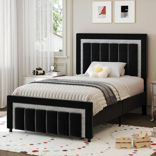 Miniatura 7 de HOMBCK Marcos de Cama Individual, Marco de Cama Tamaño Individual con Cabecera y Pie de Cama de Diseño de Terciopelo Diamante, Marco de Cama