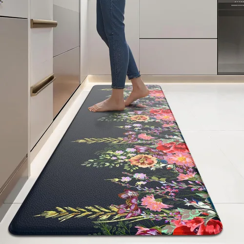 Miniatura 10 de MAYHMYO Alfombra de Cocina Anti Fatiga Tapete de Cocina Acolchado Negro Plantas Florales Lindas Alfombras de Cocina Vintage Antideslizantes