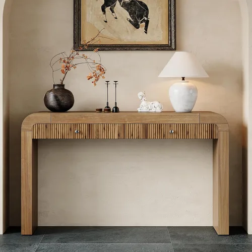 Miniatura 44 de 50" Modern Art Sculptural Console Table, Oval Cutout Legs, Wood Veneer, Thick Rounded Tabletop, Contemporary Entryway Sofa Table for Living Room