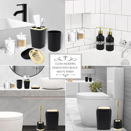 Miniatura 6 de XLHOMO Juego de accesorios de baño negro y dorado - 10 piezas de baño con papelera, dispensador de jabón, jabonera, soporte para cepillo de dientes