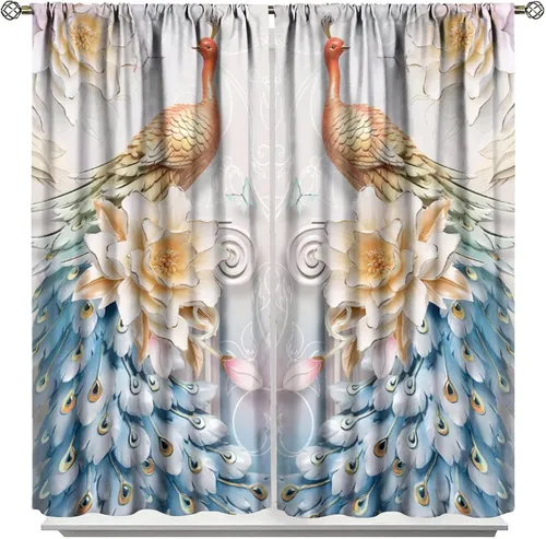 Miniatura 54 de Cortina opaca con estampado de pavo real, con estampado de animales retro, con bolsillo para cortinero y flores de peonía doradas, para dormitorio