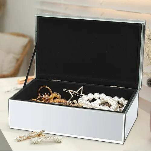 Miniatura 6 de Kenning Caja Organizadora de Joyas de Lujo con Espejo de Vidrio Triturado en Plata para Mujeres, Caja Organizadora de Anillos de Lujo