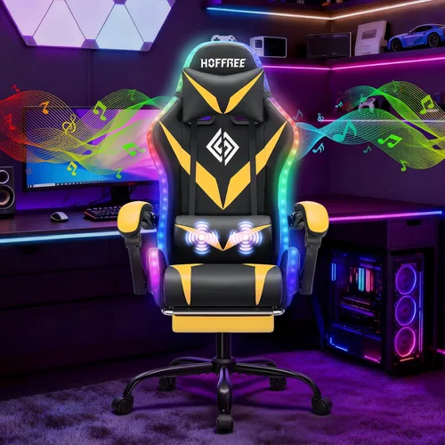 Miniatura 17 de HOFFREE - Silla gamer con masaje, altavoces Bluetooth y luces LED, silla ergonómica para computadora y videojuegos con reposapiés, silla de Azul