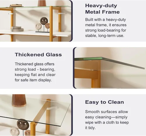 Miniatura 5 de Furnify Mesa de sofá de vidrio, mesa de entrada de estilo moderno de mediados de siglo con vidrio templado y patas doradas, mesa de 2 niveles detrás