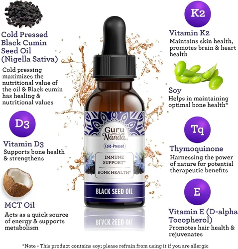 Miniatura 2 de GuruNanda Aceite de semilla negra, Nigella sativa prensada en frío, rico en vitamina D3, 5000 unidades, K2 y E, alta timoquinona Potente