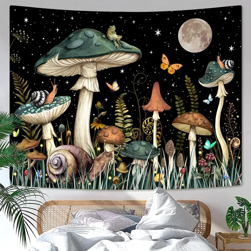 Miniatura 23 de Zussun Tapiz de hongo rojo, tapices de luna y estrella para dormitorio, estética de color beige, noche estrellada, planta verde, tapiz de pared