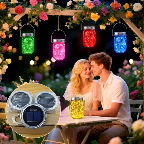 Miniatura 7 de Luces solares en tarro de masón para exteriores, paquete de 12 30 luces LED de luciérnaga, tapas solares para exteriores impermeables con ganchos