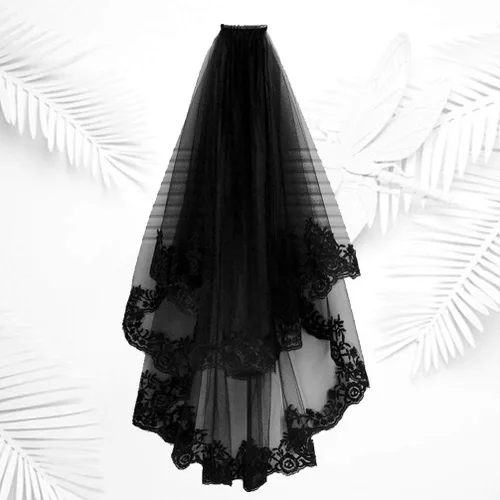 Miniatura 3 de NUOBESTY Velo de novia negro con peine velo de catedral nupcial velo de boda peine para el cabello de Halloween decorativo para novias y mujeres