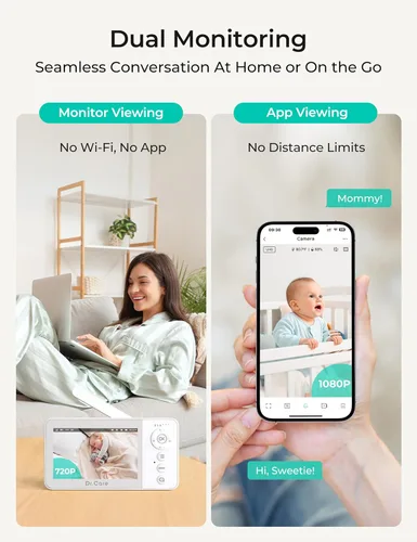 Miniatura 4 de Dr.Care VistaView Lite RB Smart WiFi Monitor de bebé – Pantalla dividida 720P de 4 pulgadas y control de aplicación de cámara 1080P, alertas