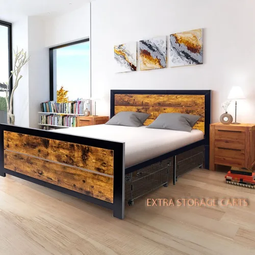 Miniatura 4 de Base de cama de tamaño individual con estraage, marco de cama de metal con cabecera y estribo de madera, base de cama de plataforma de metal de 14