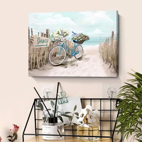 Miniatura 7 de Lienzo de playa para baño, imágenes del océano, impresión de lienzo de bicicleta junto al mar, pintura enmarcada de paisaje marino, verde azulado