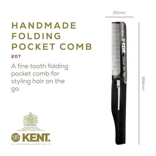 Miniatura 2 de Kent 20T - Peine de bolsillo plegable hecho a mano de grafito negro para hombres, peine de dientes finos para el cuidado diario del cabello, barba