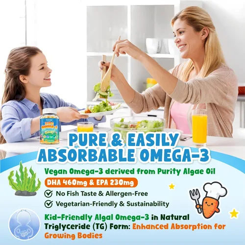 Miniatura 4 de Gomitas Omega 3 para niños, algas Omega3 con colina, luteína, vitamina D3 B12, calcio, zinc para el desarrollo cerebral de los niños, ojos, energía