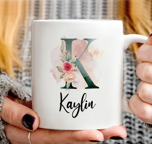 Miniatura 3 de PREZZY Taza personalizada con letra K con inicial, monograma personalizado, taza de café floral, regalos para mujeres, hombres, familiares, amigos