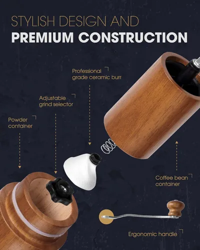Miniatura 3 de POLIVIAR - Molinillo de café manual, molinillo de granos de café con rebabas de cerámica ajustables, molinillo de café de mano de madera