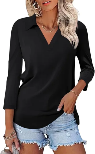 Miniatura 18 de TICTICMISS - Camisas polo de cuello en V para mujer, manga 3/4, con cuello, tops casuales de negocios, tops de verano a la moda, holgados