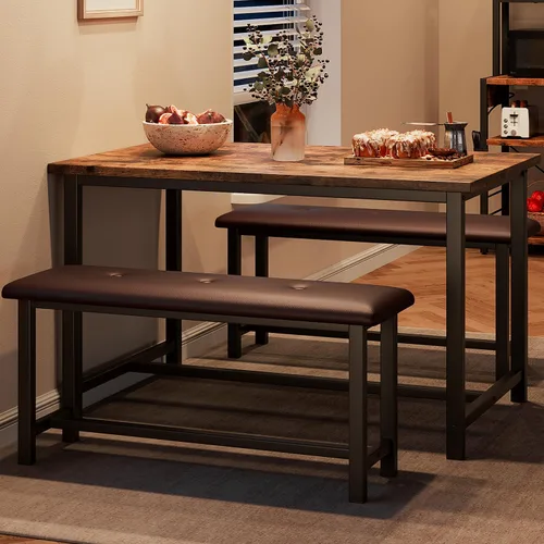 Miniatura 8 de Juego de mesa de comedor IDEALHOUSE para 4, mesa de cocina con banco tapizado, juego de mesa de comedor rectangular de 3 piezas con 2 bancos