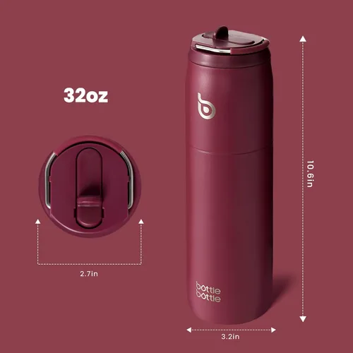 Miniatura 4 de BOTTLE BOTTLE Botella de agua de acero inoxidable con popote y tapa, taza aislada al vacío de 32 onzas, se mantiene fría y caliente, botellas de Rojo