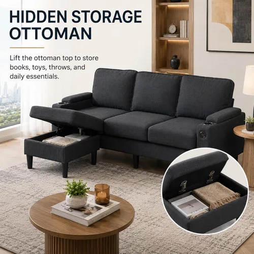 Miniatura 4 de Sofá modular de terciopelo en forma de L de 67 pulgadas con otomana, sofá convertible de 3 asientos con asiento profundo de nube para sala de estar