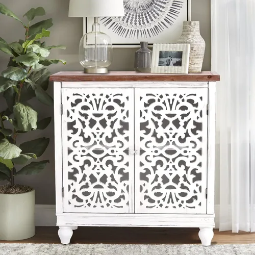 Miniatura 8 de PHI VILLA Gabinete de Acento Blanco con Puertas, Aparador Buffet Estilo Granja con Gabinetes Pequeños Tallados Calados