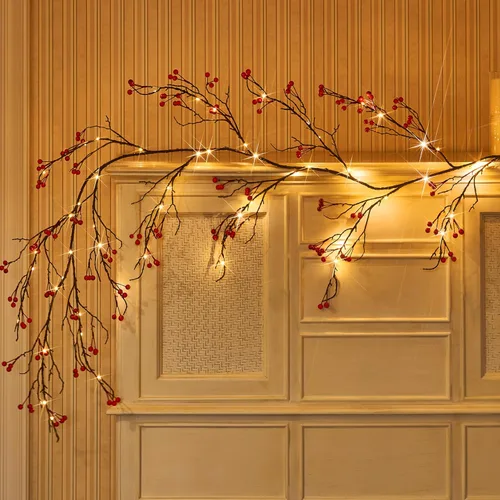Miniatura 7 de Fudios - Guirnalda iluminada de bayas rojas con temporizador de 6 pies y 120 LED que funciona con pilas y USB, luces de guirnalda de Navidad