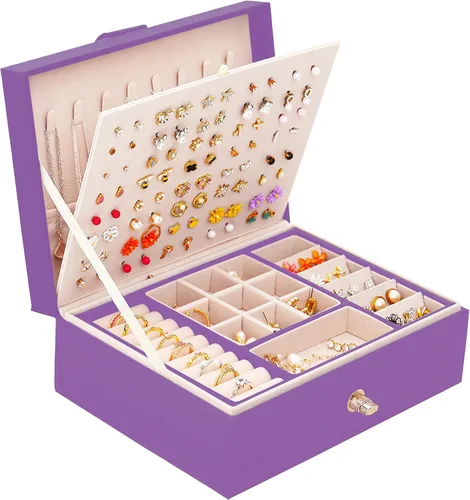 Miniatura 91 de Joyero de pendientes para mujeres y niñas, organizador de aretes de 5 capas, caja organizadora de joyas blanca con candado, collares y aretes