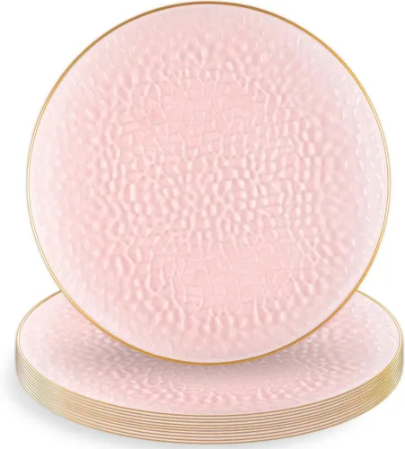 Blue Sky Platos orgánicos martillados con borde de oro rosa – 10 unidades, 9 pulgadas | Plástico desechable redondo, diseño elegante para fiestas y