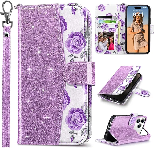 Miniatura 32 de ULAK Compatible con iPhone 15 Estuche tipo cartera para mujer, funda tipo billetera de piel PU premium con tarjetero, función de caballete, estuche