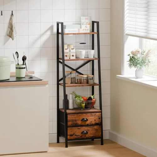 Miniatura 5 de Furologee Estantería de escalera de 4 niveles, estantería pequeña con 2 cajones, organizador vertical de almacenamiento, estanterías rústicas