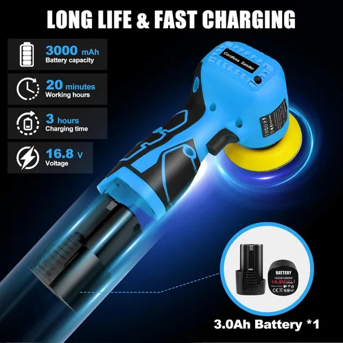 Miniatura 6 de Lijadora inalámbrica, lijadora de palma de 3 pulgadas con batería de iones de litio de 16.8 V y 3.0 Ah, mini pulidora de 3500 rpm, 19 accesorios